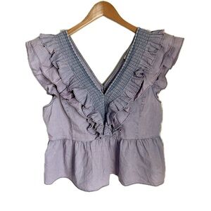 Anthropologie x Mare Mare Ruffled Peplum Top Blouse Chambray V Neck Purple Large